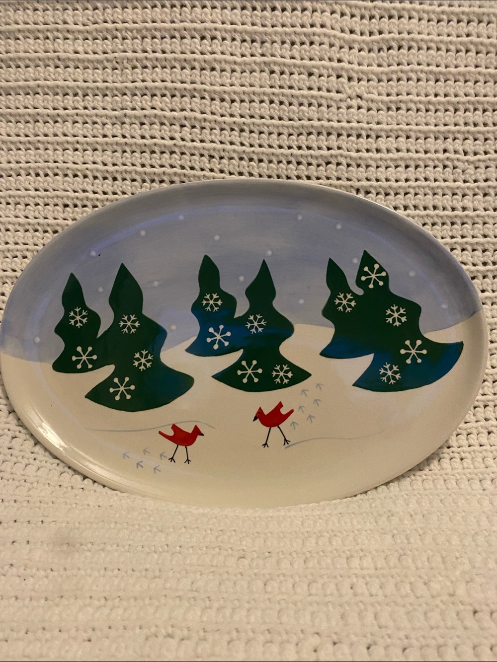Princess House Holiday Platter with Green Trees and Red Birds